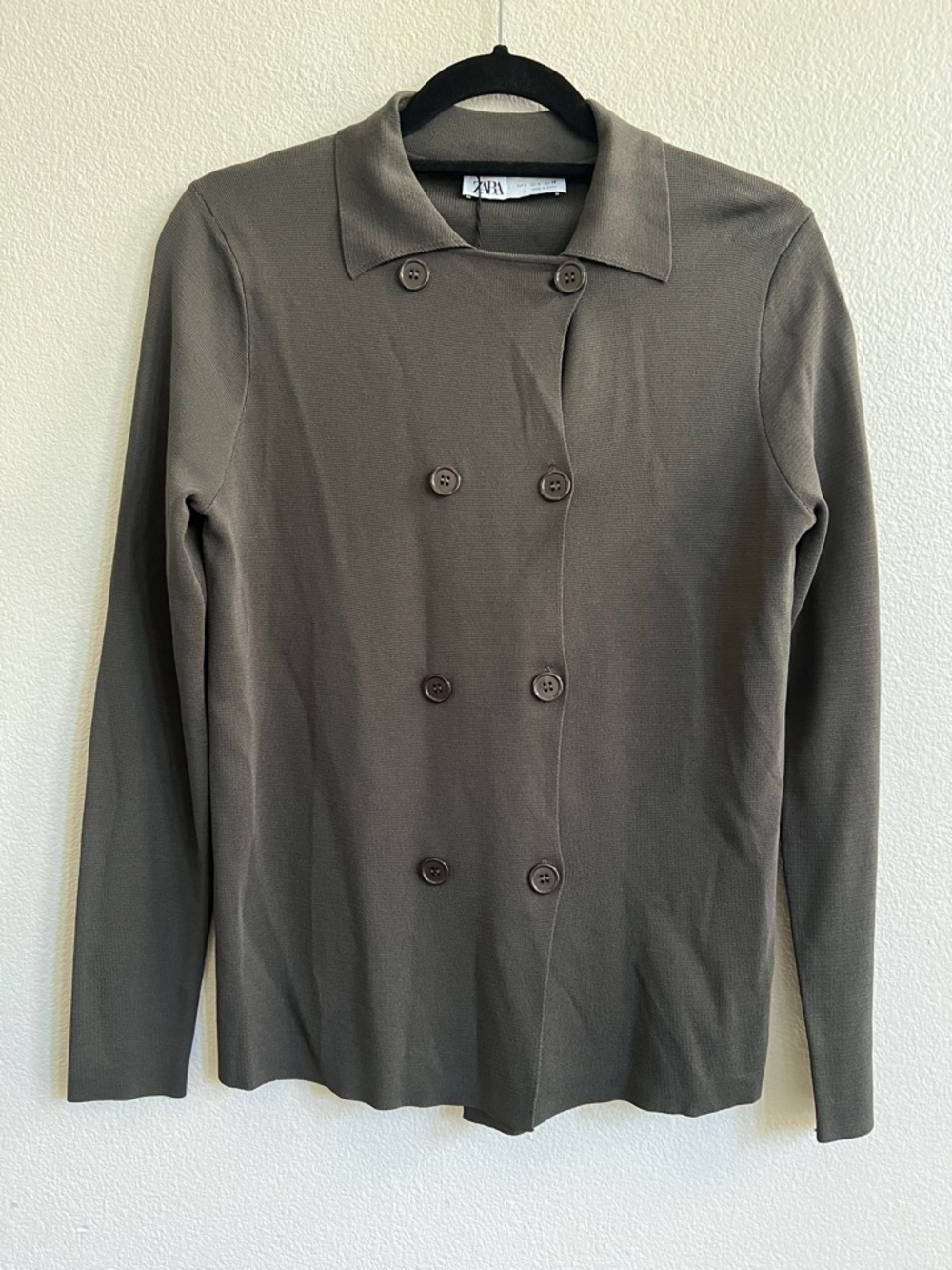 Zara Long-Sleeve Double Breasted Fine Rib Knit Cardigan Top Dark Taupe/Grey S